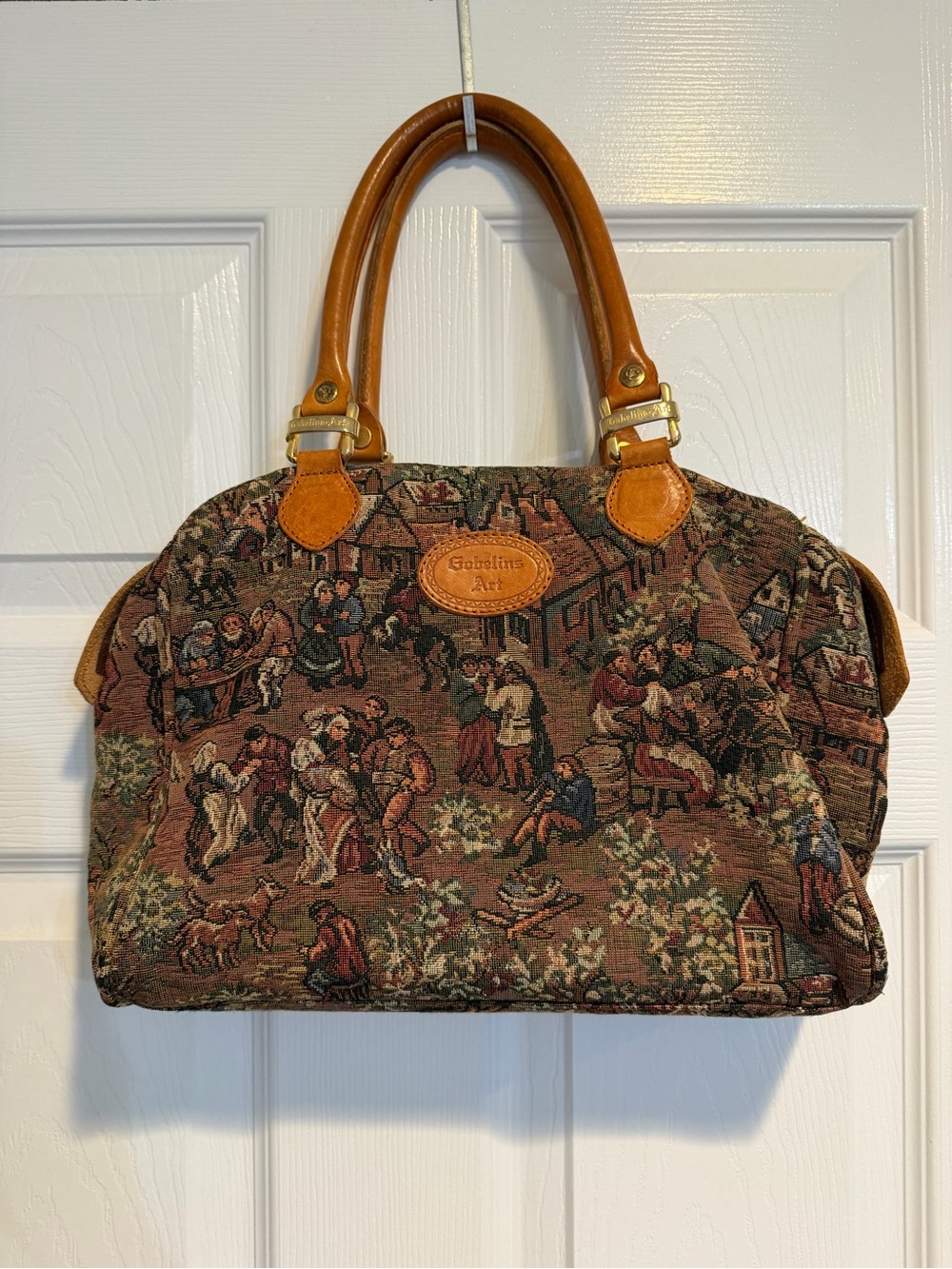 Brown Tapestry Satchel with Tan Leather Handles